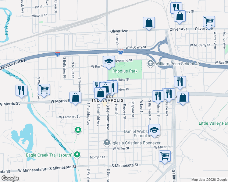 map of restaurants, bars, coffee shops, grocery stores, and more near in Indianapolis