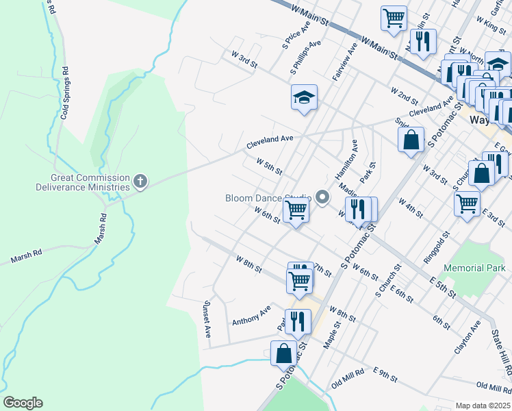 map of restaurants, bars, coffee shops, grocery stores, and more near 520 West 6th Street in Waynesboro
