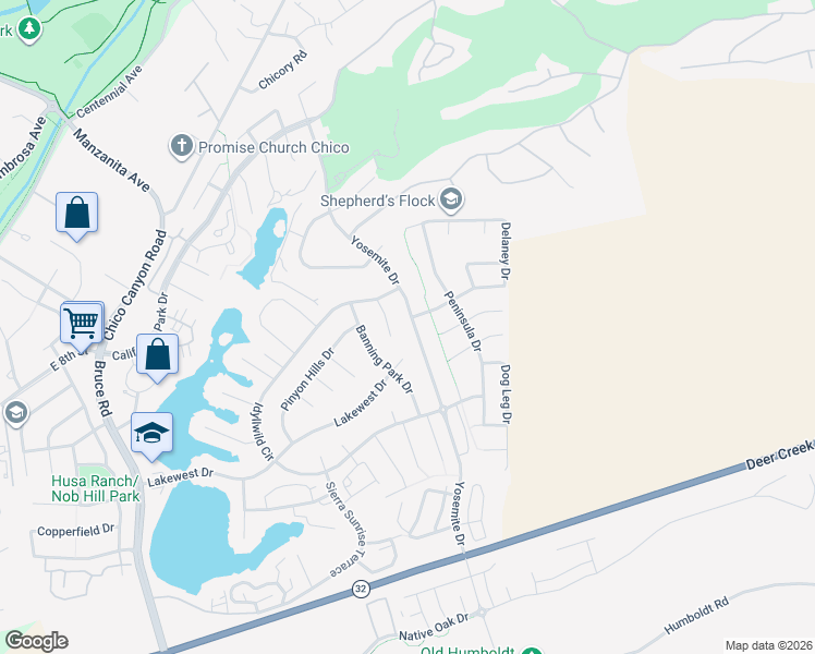 map of restaurants, bars, coffee shops, grocery stores, and more near 1218 Yosemite Drive in Chico