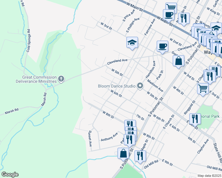 map of restaurants, bars, coffee shops, grocery stores, and more near 520 West 6th Street in Waynesboro