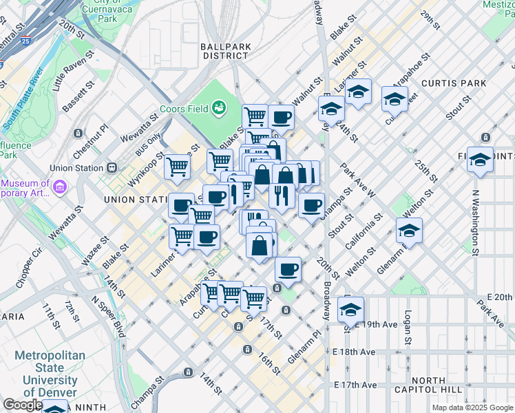 map of restaurants, bars, coffee shops, grocery stores, and more near 1956 Lawrence Street in Denver