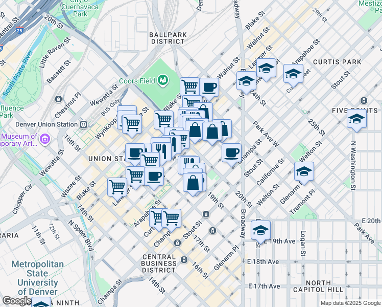 map of restaurants, bars, coffee shops, grocery stores, and more near 1956 Lawrence Street in Denver