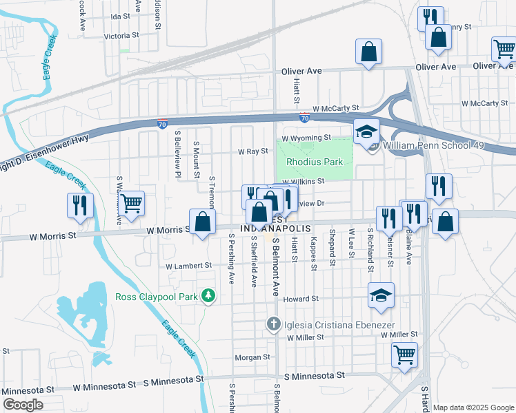 map of restaurants, bars, coffee shops, grocery stores, and more near in Indianapolis