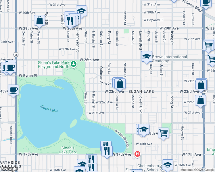 map of restaurants, bars, coffee shops, grocery stores, and more near 3941 West 23rd Avenue in Denver