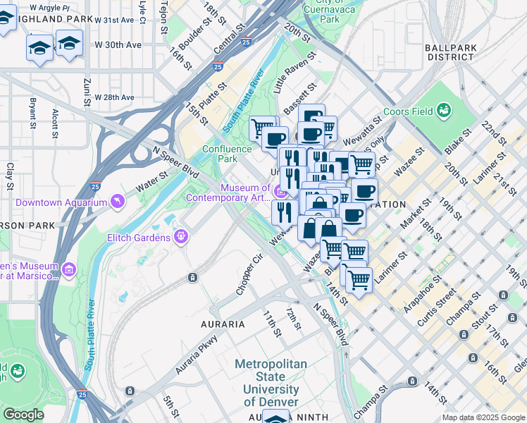 map of restaurants, bars, coffee shops, grocery stores, and more near 1401 Delgany Street in Denver
