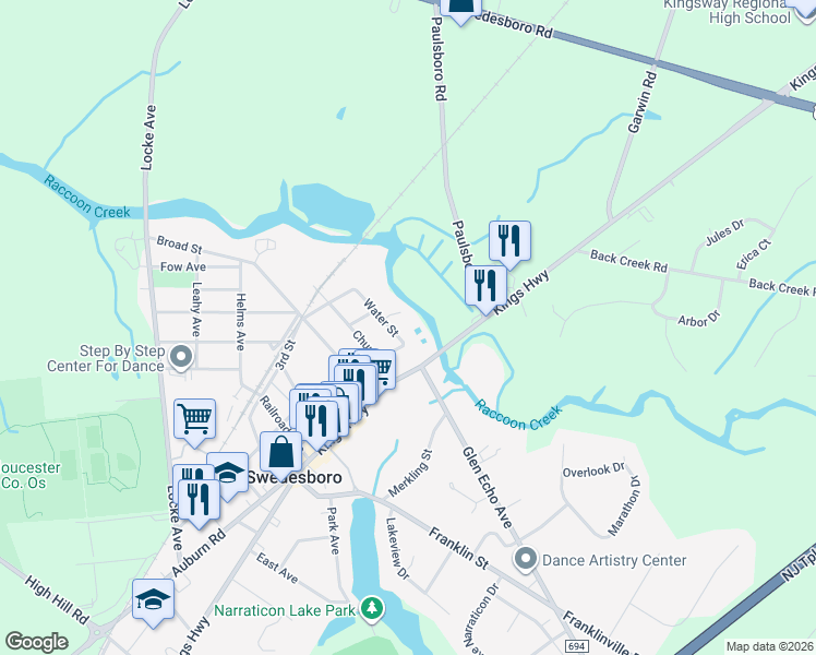 map of restaurants, bars, coffee shops, grocery stores, and more near 101 Water Street in Swedesboro