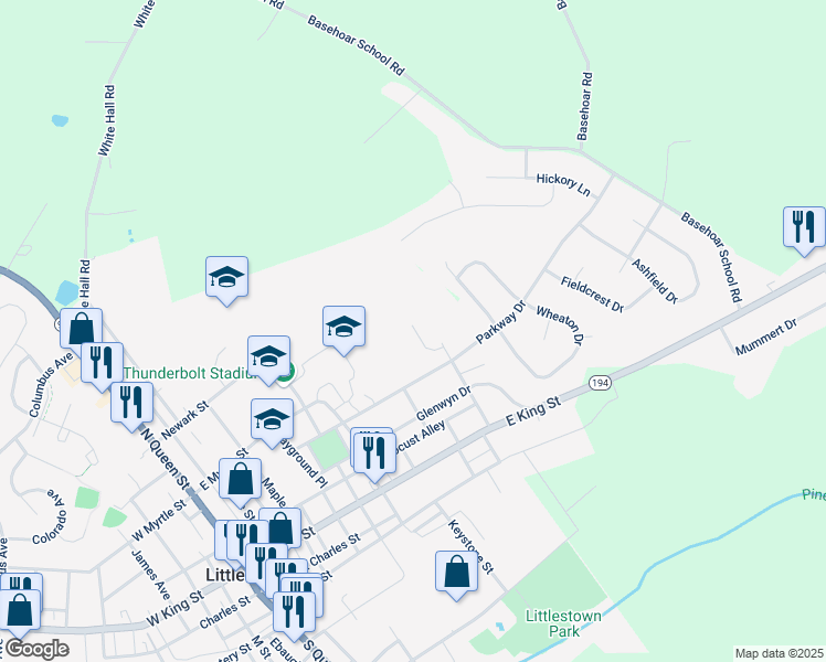 map of restaurants, bars, coffee shops, grocery stores, and more near 38 Smith Circle in Littlestown