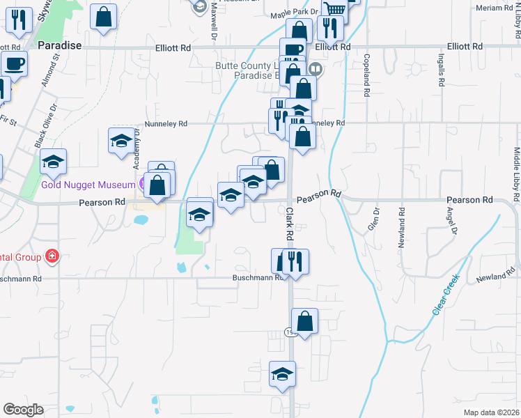 map of restaurants, bars, coffee shops, grocery stores, and more near 622 Pearson Road in Paradise