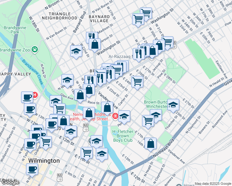 map of restaurants, bars, coffee shops, grocery stores, and more near 64 East 22nd Street in Wilmington