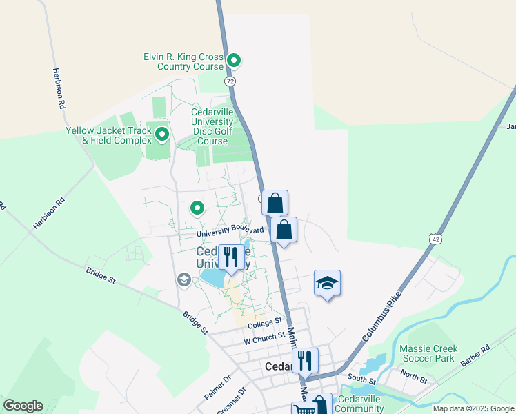 map of restaurants, bars, coffee shops, grocery stores, and more near 321 North Main Street in Cedarville