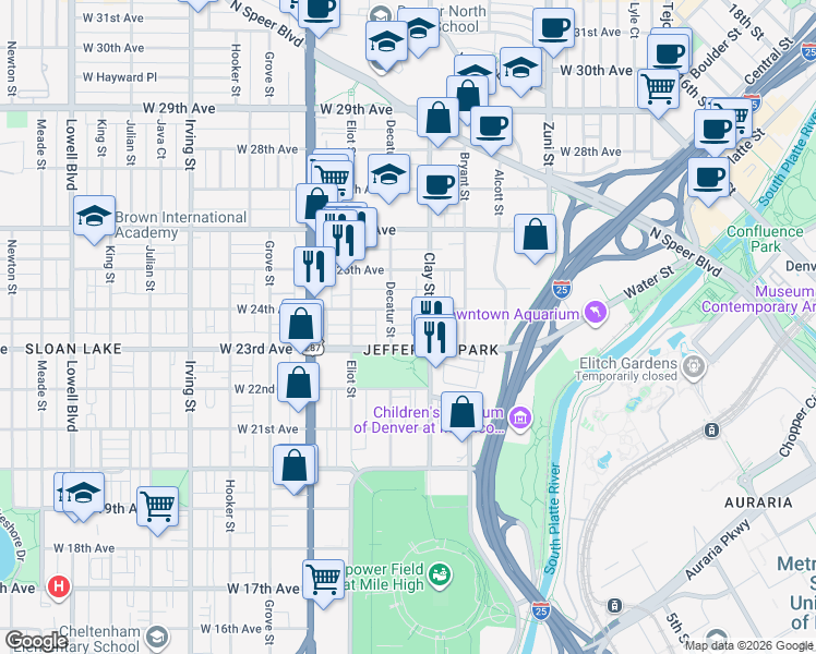 map of restaurants, bars, coffee shops, grocery stores, and more near in Denver