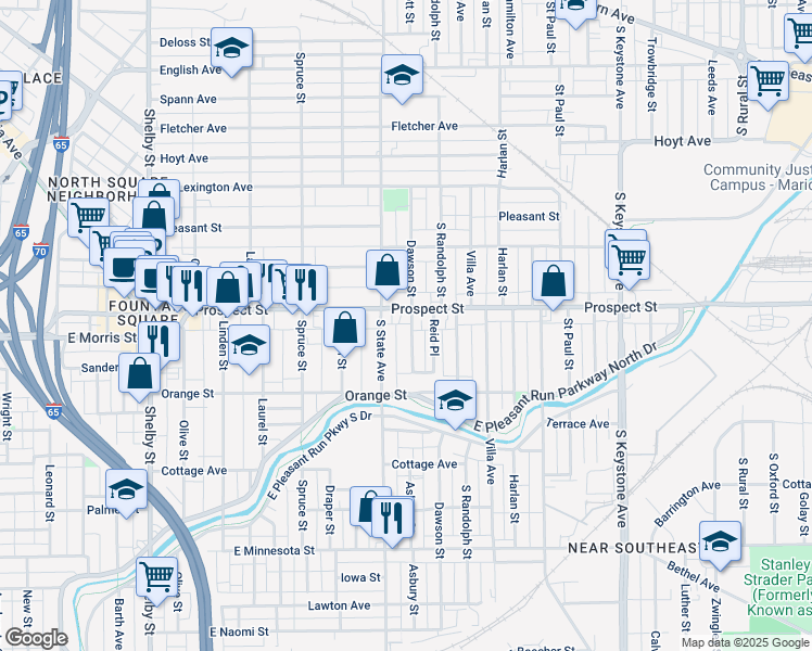 map of restaurants, bars, coffee shops, grocery stores, and more near 1132 Dawson Street in Indianapolis