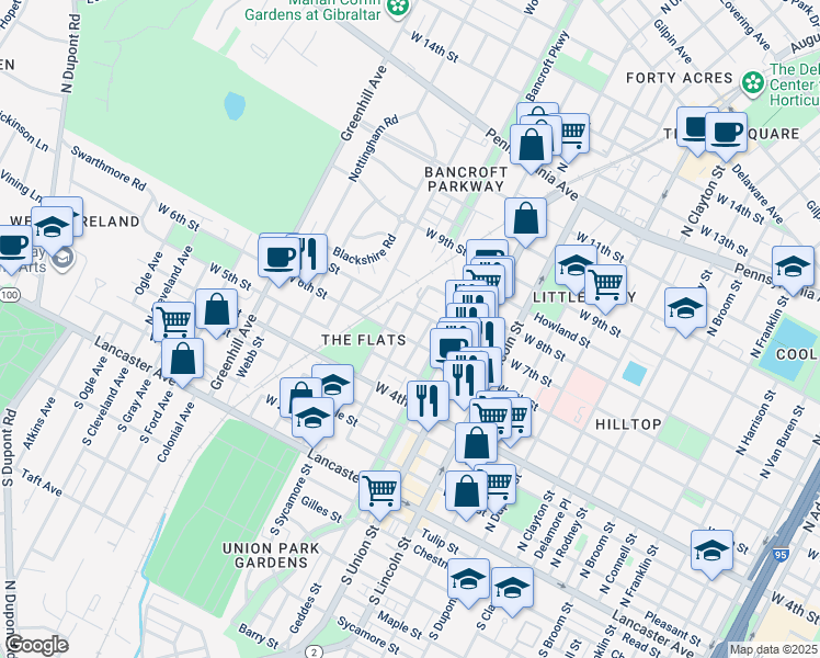 map of restaurants, bars, coffee shops, grocery stores, and more near 610 Bayard Avenue in Wilmington