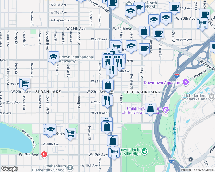 map of restaurants, bars, coffee shops, grocery stores, and more near 2311 Federal Boulevard in Denver