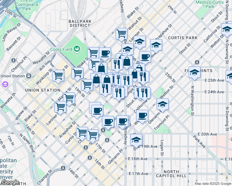 map of restaurants, bars, coffee shops, grocery stores, and more near Curtis St & 21st St in Denver