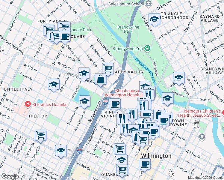 map of restaurants, bars, coffee shops, grocery stores, and more near 911 Delaware Avenue in Wilmington
