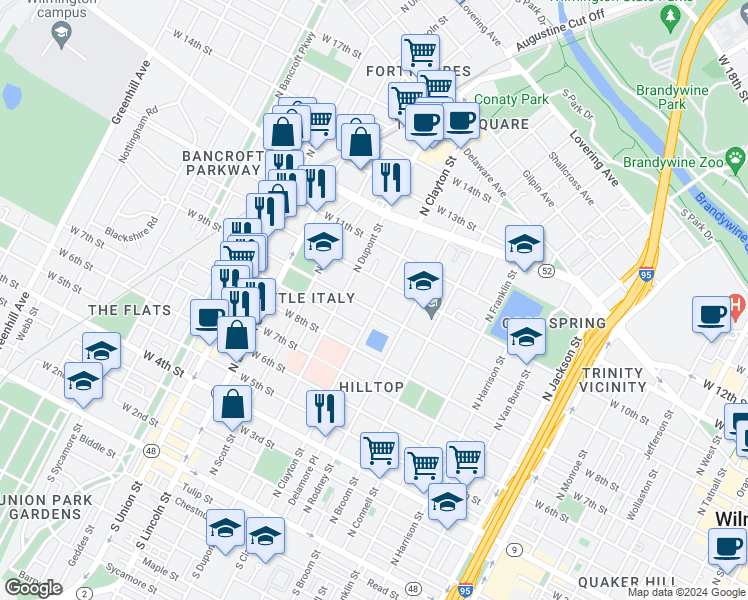 map of restaurants, bars, coffee shops, grocery stores, and more near 911 North Clayton Street in Wilmington