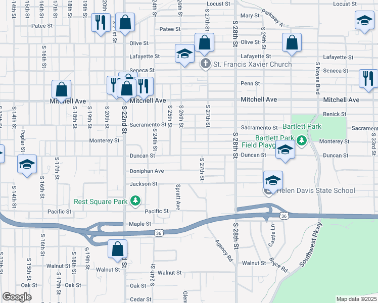 map of restaurants, bars, coffee shops, grocery stores, and more near 2610 Duncan Street in Saint Joseph