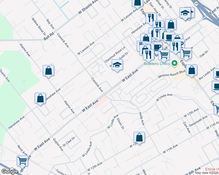 map of restaurants, bars, coffee shops, grocery stores, and more near 2 Ilahee Lane in Chico