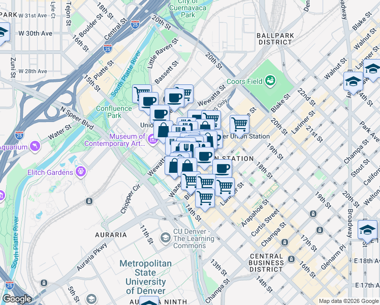 map of restaurants, bars, coffee shops, grocery stores, and more near in Denver