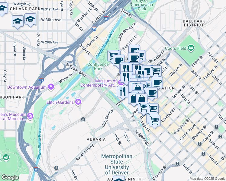 map of restaurants, bars, coffee shops, grocery stores, and more near 1401 Delgany Street in Denver