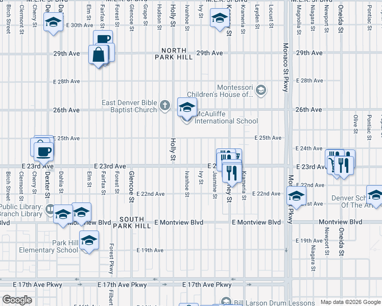 map of restaurants, bars, coffee shops, grocery stores, and more near 2324 Ivanhoe Street in Denver