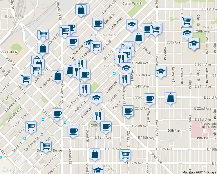 map of restaurants, bars, coffee shops, grocery stores, and more near 471 24th Street in Denver
