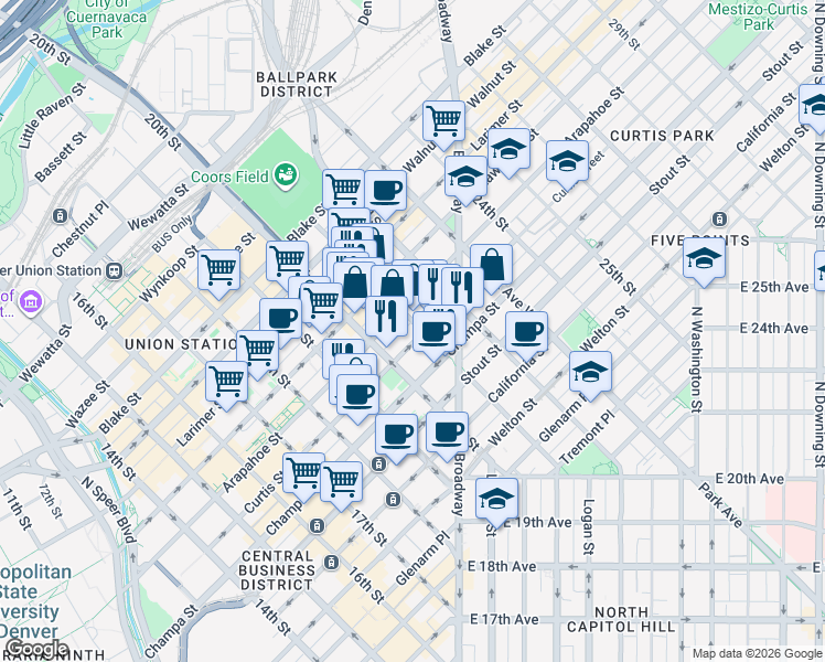 map of restaurants, bars, coffee shops, grocery stores, and more near 2031 Curtis Street in Denver