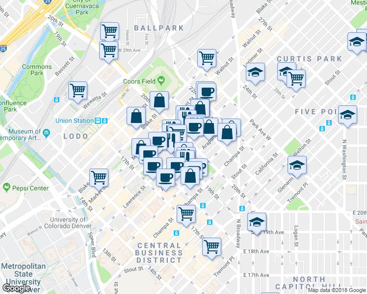 map of restaurants, bars, coffee shops, grocery stores, and more near 1925 Lawrence Street in Denver