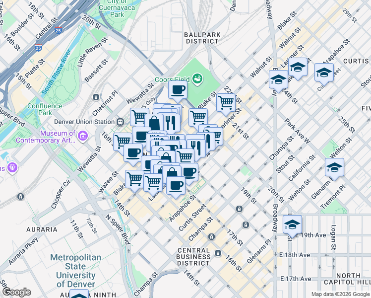 map of restaurants, bars, coffee shops, grocery stores, and more near 1777 Larimer Street in Denver