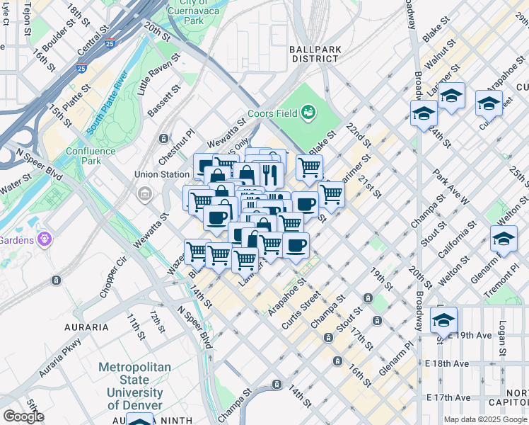 map of restaurants, bars, coffee shops, grocery stores, and more near 1732 Blake Street in Denver