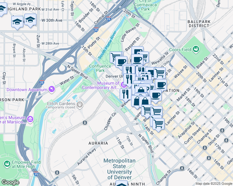 map of restaurants, bars, coffee shops, grocery stores, and more near 1422 Delgany Street in Denver