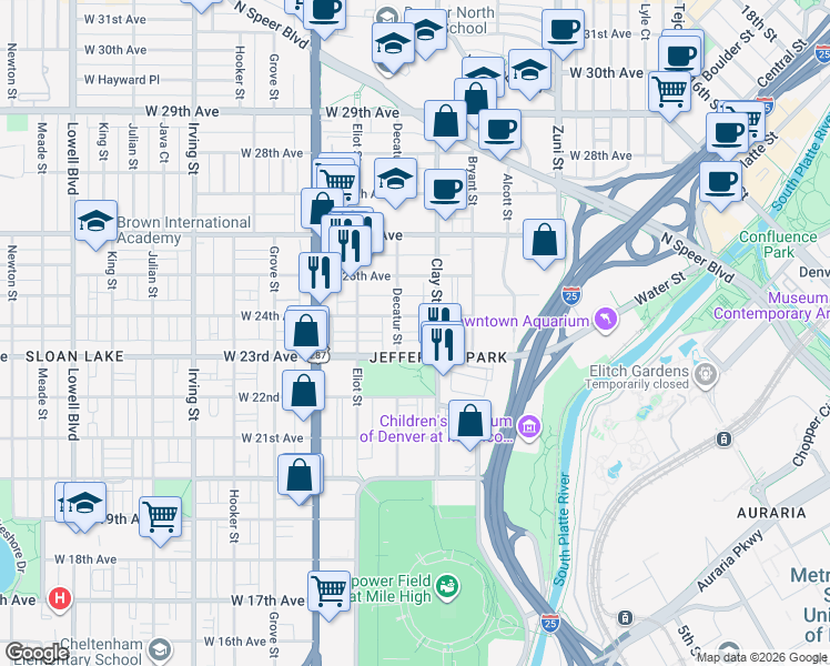 map of restaurants, bars, coffee shops, grocery stores, and more near in Denver