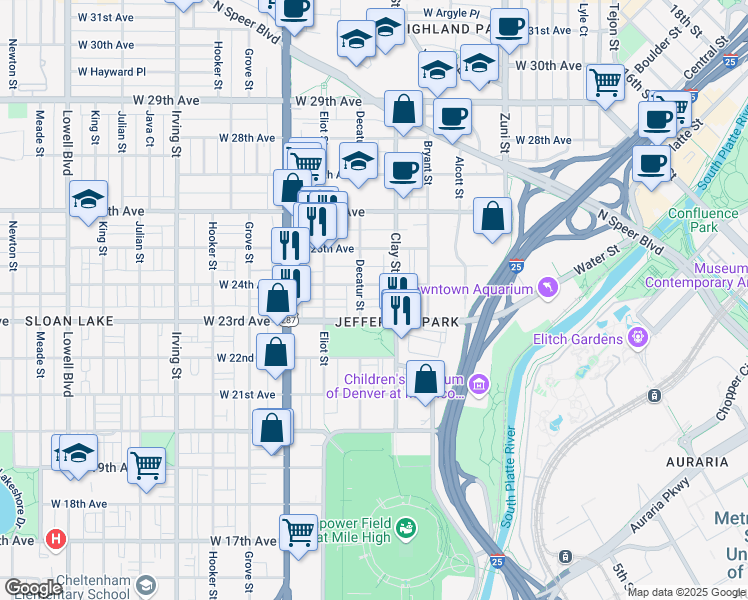 map of restaurants, bars, coffee shops, grocery stores, and more near in Denver