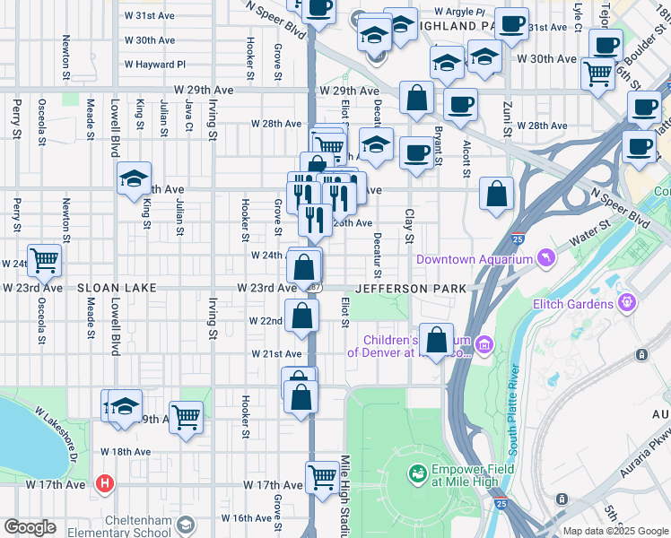 map of restaurants, bars, coffee shops, grocery stores, and more near 2939 West 23rd Avenue in Denver