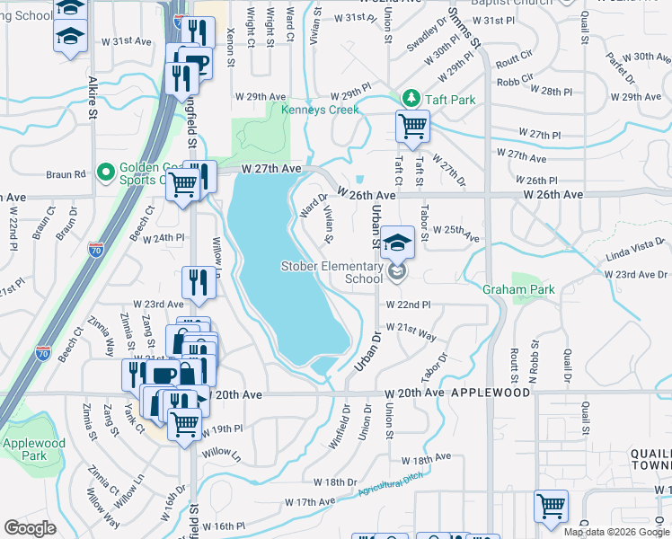 map of restaurants, bars, coffee shops, grocery stores, and more near 2339 Van Gordon Street in Lakewood