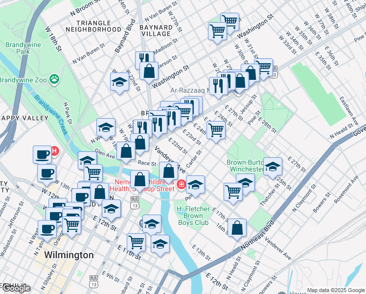 map of restaurants, bars, coffee shops, grocery stores, and more near 64 East 22nd Street in Wilmington