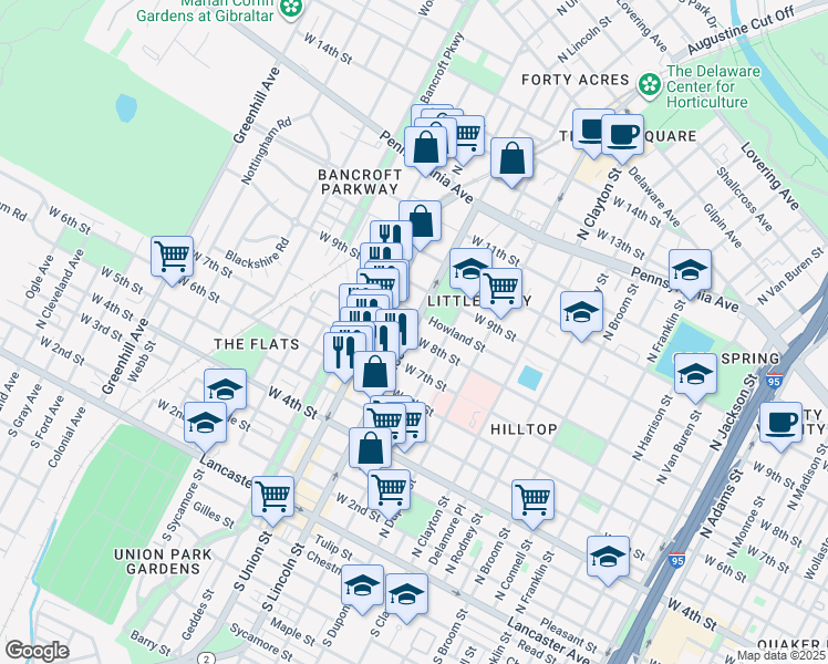 map of restaurants, bars, coffee shops, grocery stores, and more near 711 North Lincoln Street in Wilmington