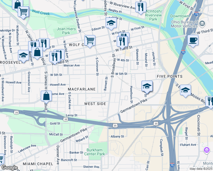 map of restaurants, bars, coffee shops, grocery stores, and more near 361 South Broadway Street in Dayton