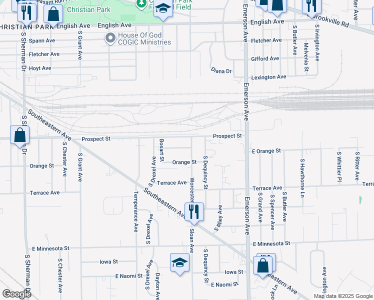 map of restaurants, bars, coffee shops, grocery stores, and more near 1122 Worcester Avenue in Indianapolis