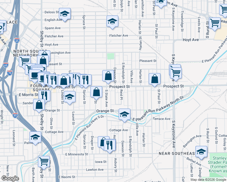 map of restaurants, bars, coffee shops, grocery stores, and more near 1132 Dawson Street in Indianapolis