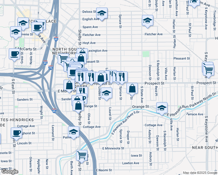 map of restaurants, bars, coffee shops, grocery stores, and more near 1126 Laurel Street in Indianapolis