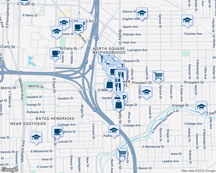 map of restaurants, bars, coffee shops, grocery stores, and more near 945 East Morris Street in Indianapolis