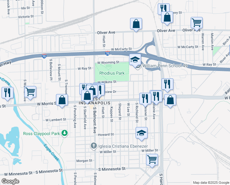 map of restaurants, bars, coffee shops, grocery stores, and more near 1130 Kappes Street in Indianapolis