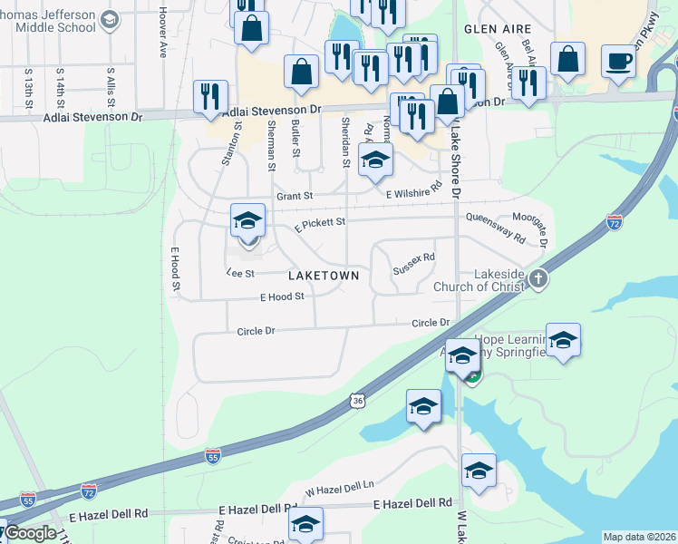 map of restaurants, bars, coffee shops, grocery stores, and more near 2125-2199 East Hood Street in Springfield