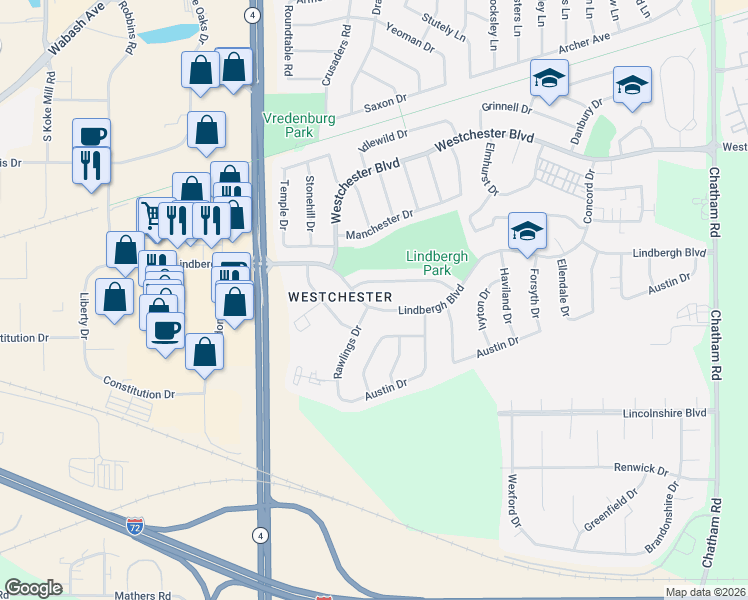 map of restaurants, bars, coffee shops, grocery stores, and more near 3320-3398 Rawlings Dr in Springfield