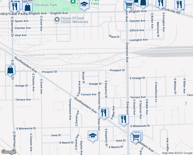 map of restaurants, bars, coffee shops, grocery stores, and more near 1122 Worcester Avenue in Indianapolis