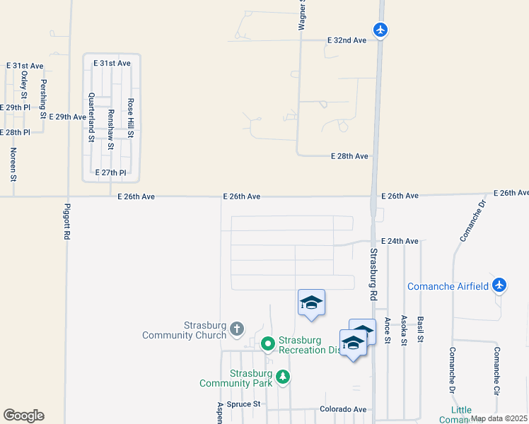 map of restaurants, bars, coffee shops, grocery stores, and more near 56300 East 25th Avenue in Strasburg