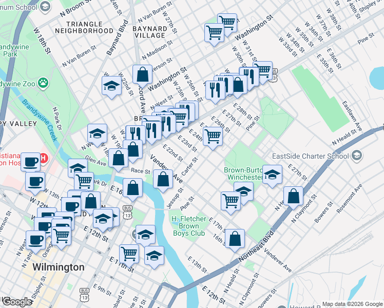map of restaurants, bars, coffee shops, grocery stores, and more near 2227 Carter Street in Wilmington