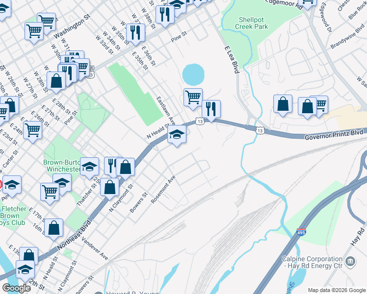 map of restaurants, bars, coffee shops, grocery stores, and more near 3000 North Claymont Street in Wilmington